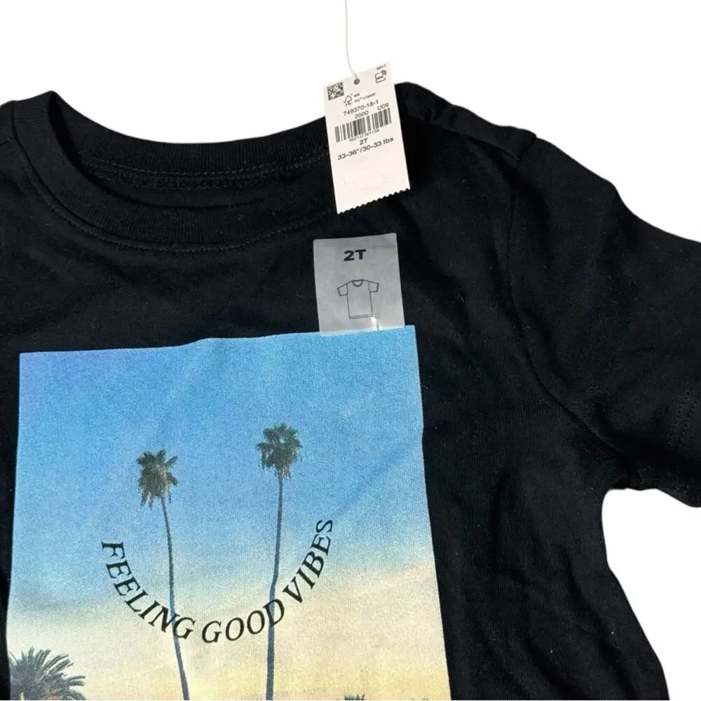 Old navy Black Short Sleeve Kids T-Shirt with Palm Tree  Smiley Face Print Sz 2T
